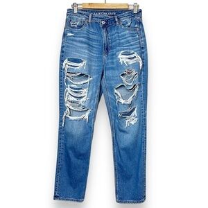 American Eagle Mom Jeans 8 distressed criss cross crossover waist destroyed blue